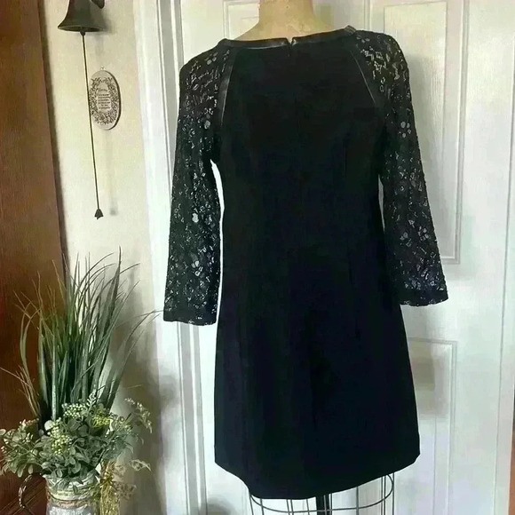 London Times Black Cocktail Dress w/ Lace Sleeves. - Picture 5 of 8